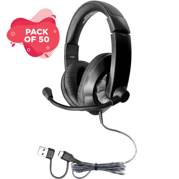 Smart-Trek™ Deluxe Stereo USB-C Headset with Integrated USB-A Adapter Dongle, Black with Silver Accents - 50 Pack