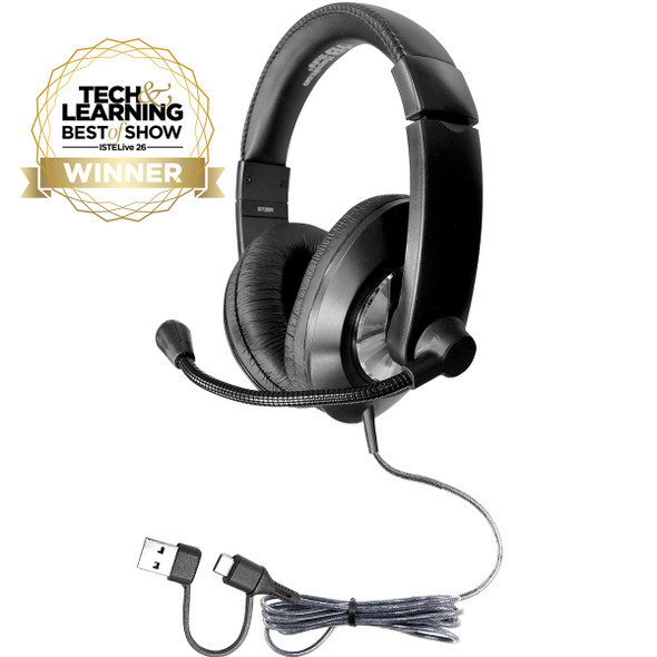 Smart-Trek™ Deluxe Stereo USB-C Headset with Integrated USB-A Adapter Dongle, Black with Silver Accents - 50 Pack