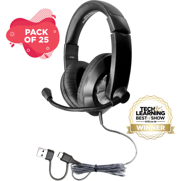 Smart-Trek™ Deluxe Stereo USB-C Headset with Integrated USB-A Adapter Dongle, Black with Silver Accents - 25 Pack
