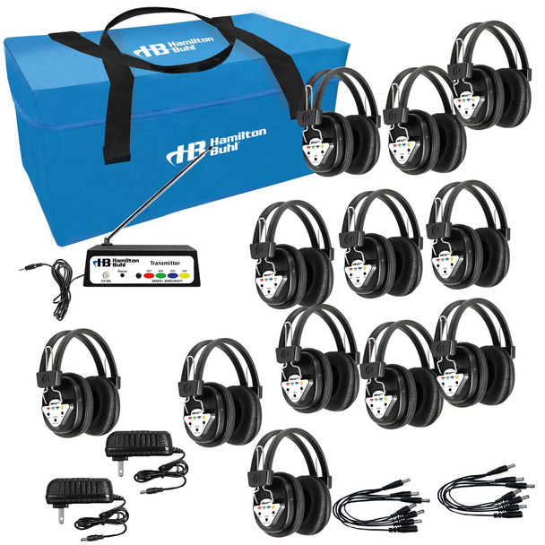 12-Station Wireless Listening Center with Wireless Multi-Channeled Transmitter and Headphones