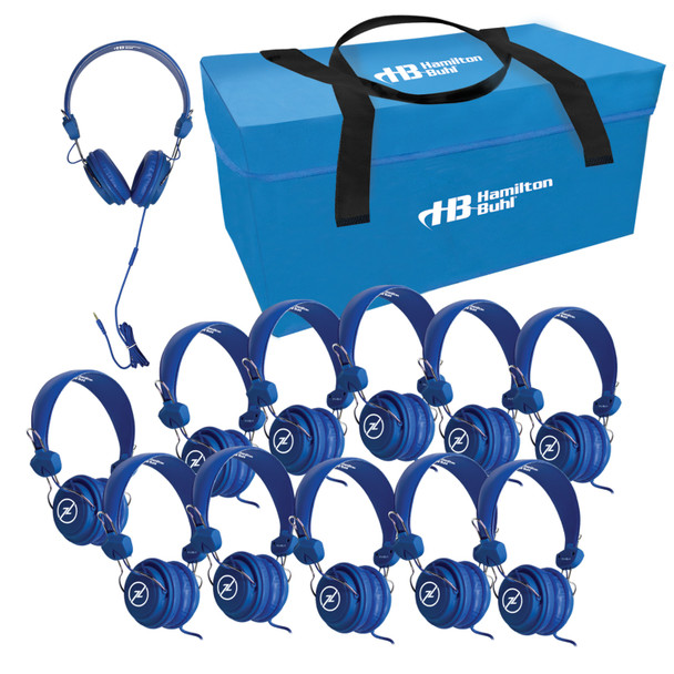 HamiltonBuhl Lab Pack - 12 Blue Favoritz Headsets with In-Line Microphone and TRRS Plug in a Small Carry Case