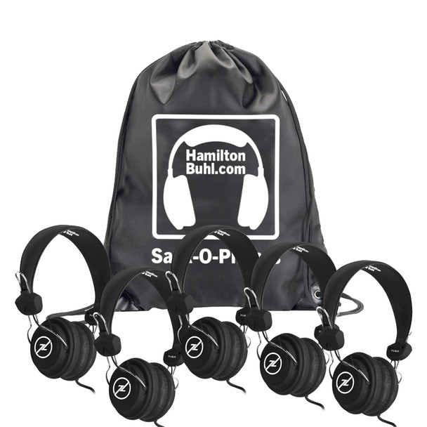 HamiltonBuhl Sack-O-Phones, 5 Black Favoritz Headsets with In-Line Microphone and TRRS Plug