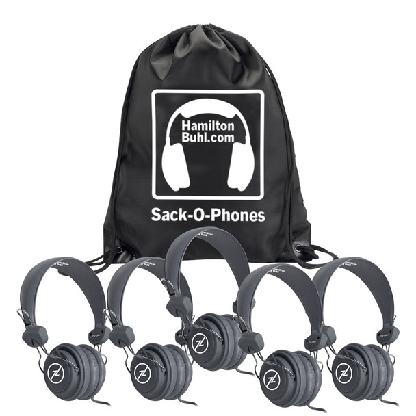 HamiltonBuhl Sack-O-Phones, 5 Gray Favoritz Headsets with In-Line Microphone and TRRS Plug