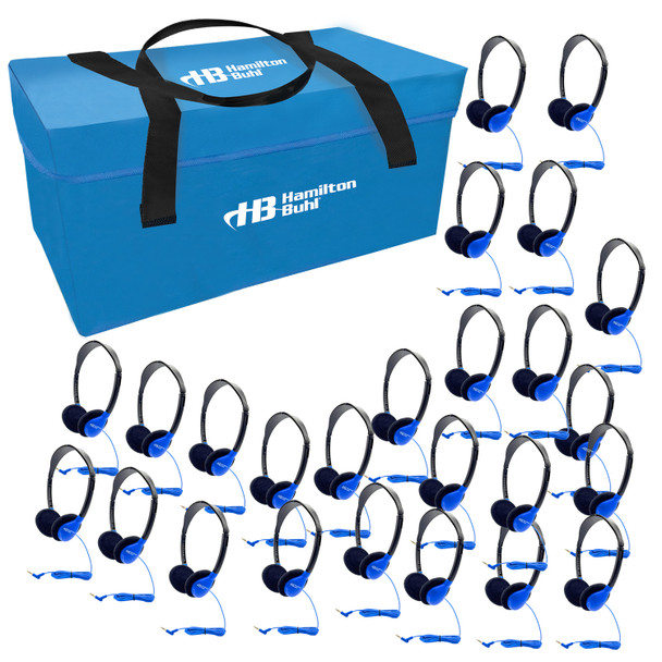 HamiltonBuhl Lab Pack, 24 Personal Headphones in Blue in a Carry Case