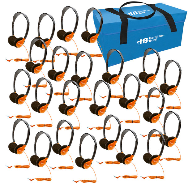HamiltonBuhl Lab Pack, 24 SchoolMate Personal-Sized ORANGE Headphones in a Carry Case
