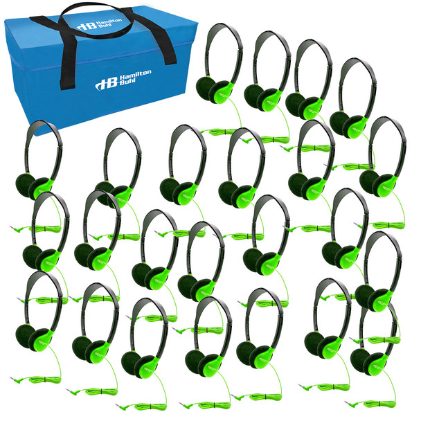 HamiltonBuhl Lab Pack, 24 Personal-Sized GREEN SchoolMate Headphones in a Carry Case