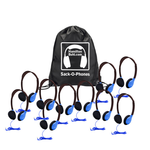 HamiltonBuhl Sack-O-Phones, 10 Personal Headphones in Blue in a Carry Bag