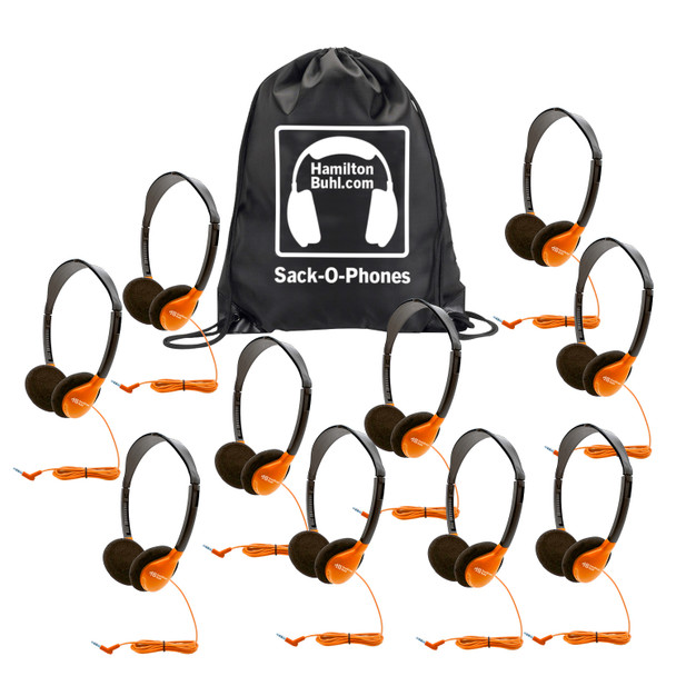 HamiltonBuhl Sack-O-Phones, 10 Personal Headphones in Orange in a Carry Bag