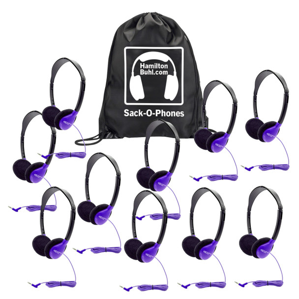 HamiltonBuhl Sack-O-Phones, 10 Personal Headphones in Purple in a Carry Bag