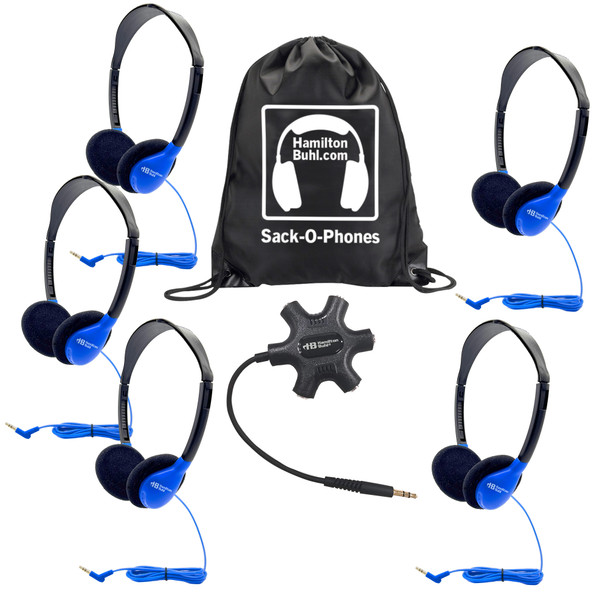 Galaxy Econo-Line of Sack-O-Phones with 5 Blue Personal-Sized Headphones, Starfish Jackbox and Carry Bag