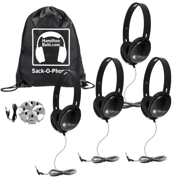 HamiltonBuhl Sack-O-Phones, 4 Black Primo™ Headphones and 3.5mm Jackbox