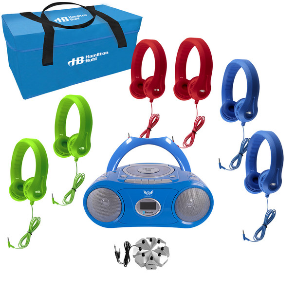 HamiltonBuhl 6-Person Listening Center with AudioAce™ Bluetooth® Media Player, 2 Blue, 2 Green and 2 Red Flex-Phones™ Headphones, Jackbox and Carry Case