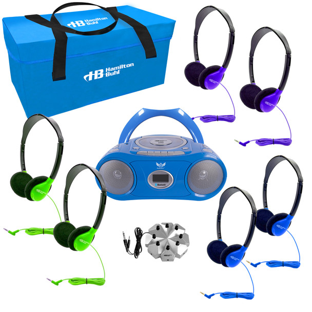 HamiltonBuhl 6-Station Listening Center with AudioAce™ Bluetooth® Boombox, 6 Colorful SchoolMate Personal-Sized Headphones, Jackbox and Carry Case