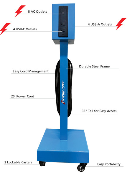 HamiltonBuhl® PowerPost™ Mobile Charging Tower with 8 AC Outlets, 4 USB and 4 USB-C Ports