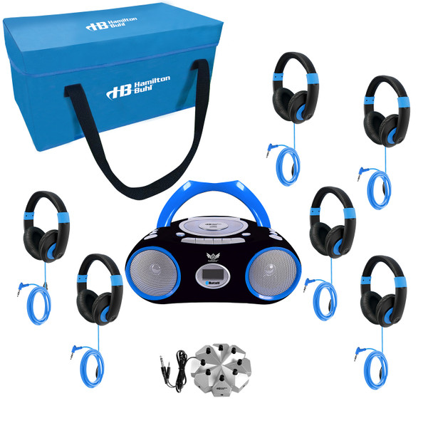 AudioAce™ Boombox 6-Station Listening Center with Jackbox and Blue Accented Smart-Trek Deluxe Headphones