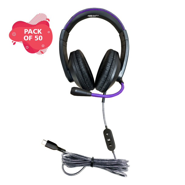 Smart-Trek™ Deluxe USB-C Plug Stereo Headset with In-Line Volume Control and Metallic Purple Accents - 50 Pack