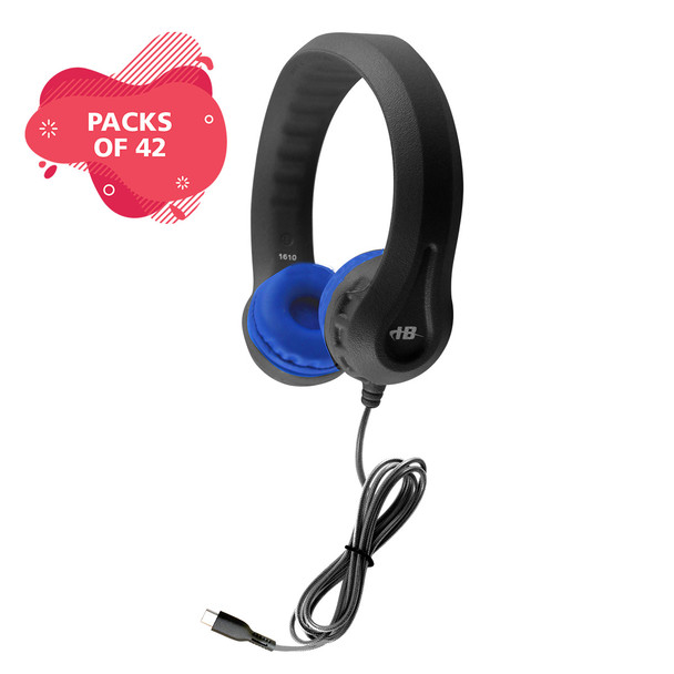USB-C Flex-Phones™ Virtually Indestructible EVA Foam Headphones – Black with Blue Ear Cushions - 42 Pack