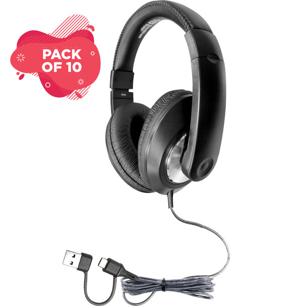 Smart-Trek™ Deluxe Stereo Headphone with USB-C Plug, USB-A Dongle and Black, Silver Accents - 10 pack
