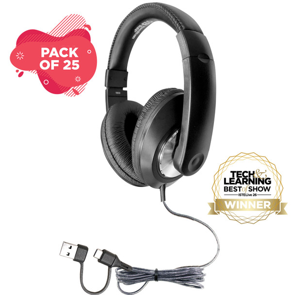 Smart-Trek™ Deluxe Stereo Headphone with USB-C Plug, USB-A Dongle and Black, Silver Accents - 25 pack
