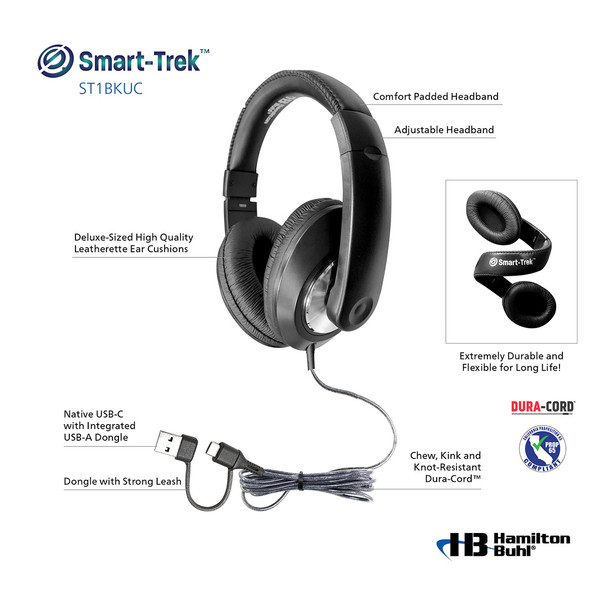 Smart-Trek™ Deluxe Stereo Headphone with USB-C Plug, USB-A Dongle and Black, Silver Accents
