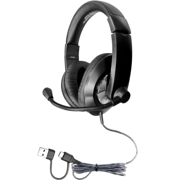 Smart-Trek™ Deluxe Stereo USB-C Headset with integrated USB-A Adapter Dongle, Black with Silver Accents - 10 Pack