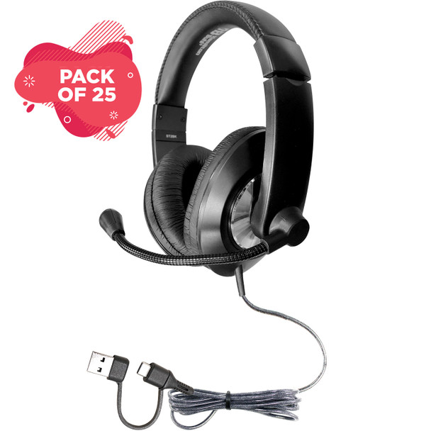 Smart-Trek™ Deluxe Stereo USB-C Headset with Integrated USB-A Adapter Dongle, Black with Silver Accents - 25 Pack