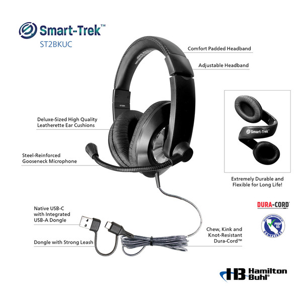 Smart-Trek™ Deluxe Stereo USB-C Headset with Integrated USB-A Adapter Dongle, Black with Silver Accents - 25 Pack