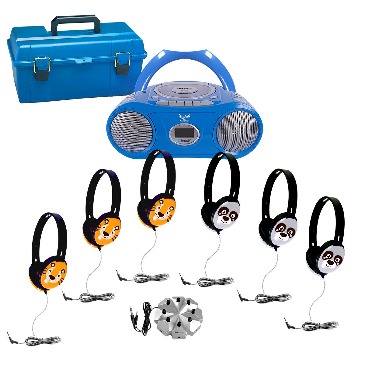 6-Station Listening Center with AudioAce™ Boombox, (3) Primo™ Tiger and (3)  Panda Headphones, Jackbox, and Carry Case