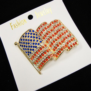 Gold Frame Wavy USA Crystal Stone Broach 2"