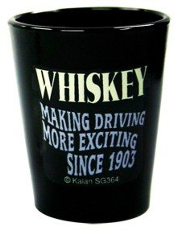 Black Shot glass "Whiskey making driving more exciting Since 1903" 2 oz