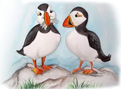 two puffins with fish