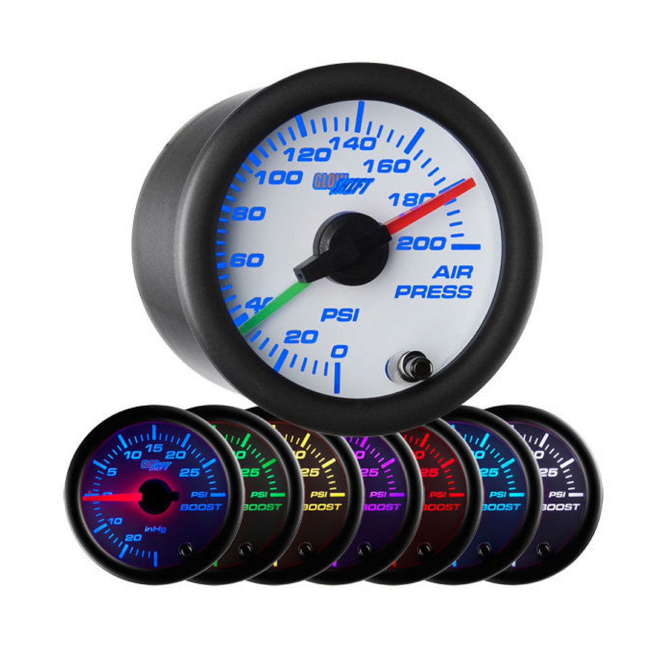 GLOW SHIFT WHITE 7 COLOR DUAL NEEDLE AIR PRESSURE GAUGE - AVS