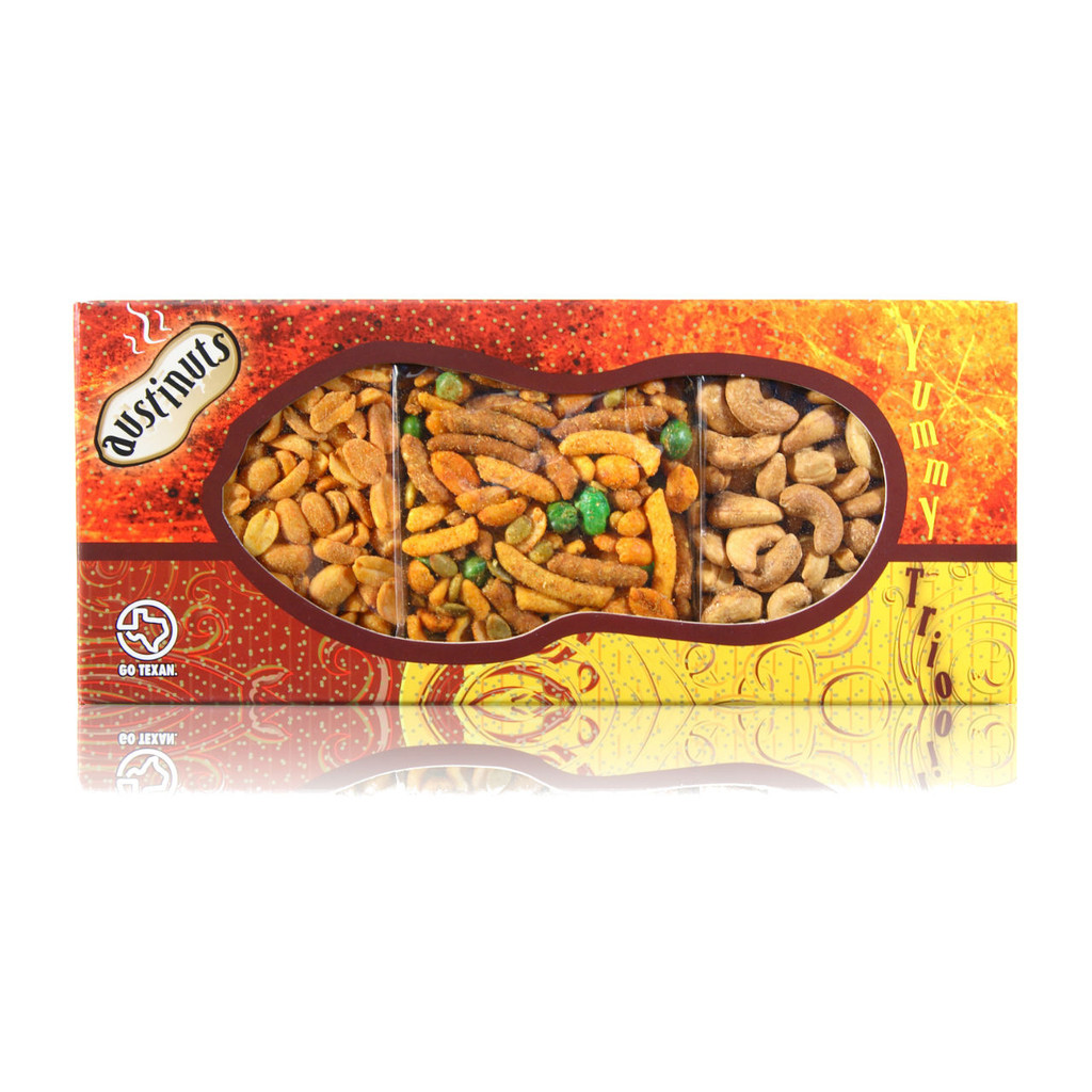 austiNuts Yummy Trio - Texas Heat!  Going to a celebration? Bring this spicy treat mix and be a hit!

Contains: Spicy Peanuts, South of the Border Mix, Cayenne Cashews