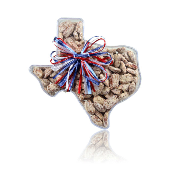 austiNuts Texas Clear Container filled with Praline Pecans. 

Contains:Pecans, Sugar, Butter (Cream, Salt) Natural and Artificial Flavorings (contains Carmel Coloring), Salt. Allergy Information: Manufactured in a facility that processes peanuts and other tree nuts.