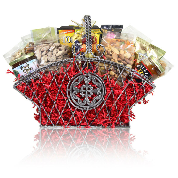 Large Elegant Silver Wire Basket filled with nuts, chocolates, snacks and gourmet food.