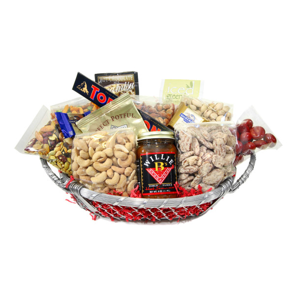 Silver Basket full with gourmet foods, dry roasted nuts and more