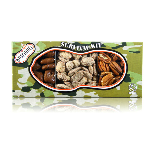 austiNuts Pecanorama Camo Survival Kit is A True Texas favorite filled with Raw Pecans, Praline Pecans & Chocolate Pecans.