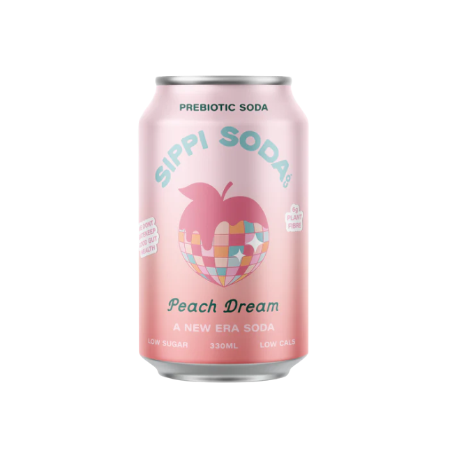 Local Australian prebiotic soda soft can drink. Made in Australia. Victorian wholesale distribution. Sippi Peach Dream