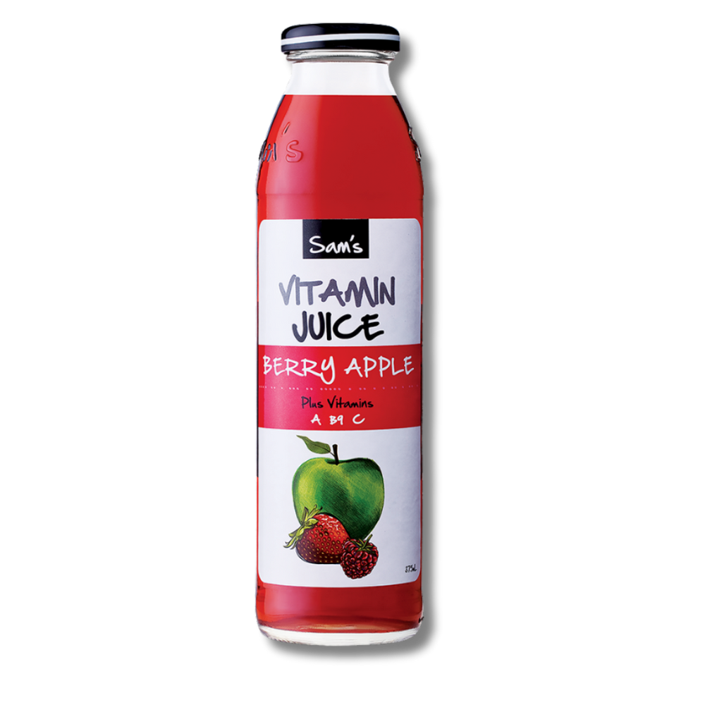 Sam's Berry Apple Juice. All natural ingredients, made here in Melbourne, Victoria. Wholesale distribution by Camati