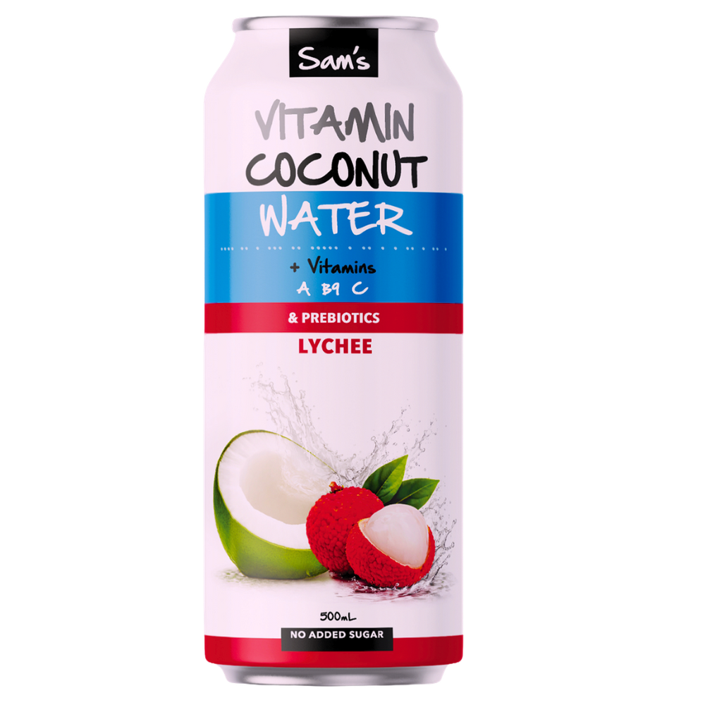 Sam's Lychee Coconut Water. All natural ingredients, made in Melbourne, Victoria. Wholesale distribution by Camati
