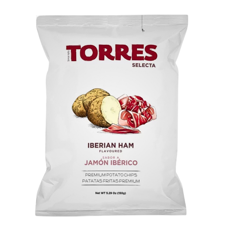 Iberian Ham Chips - Made with potatoes grown on the Iberian Peninsula of Spain, these light and crispy chips are bold with flavours. Fried in high quality Spanish oil, the taste is unparalleled. Gluten Free. 150g