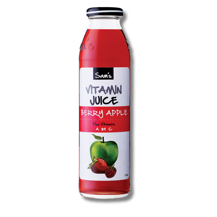 Sam's Berry Apple Juice. All natural ingredients, made here in Melbourne, Victoria. Wholesale distribution by Camati