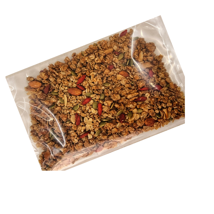 Golden brown oats, seeds, nuts and fruit with a few small clusters, mostly free flowing. A perfect balanced granola - not too sweet with just the right amount of crunch. Vegan friendly, no artificial colours or flavours.