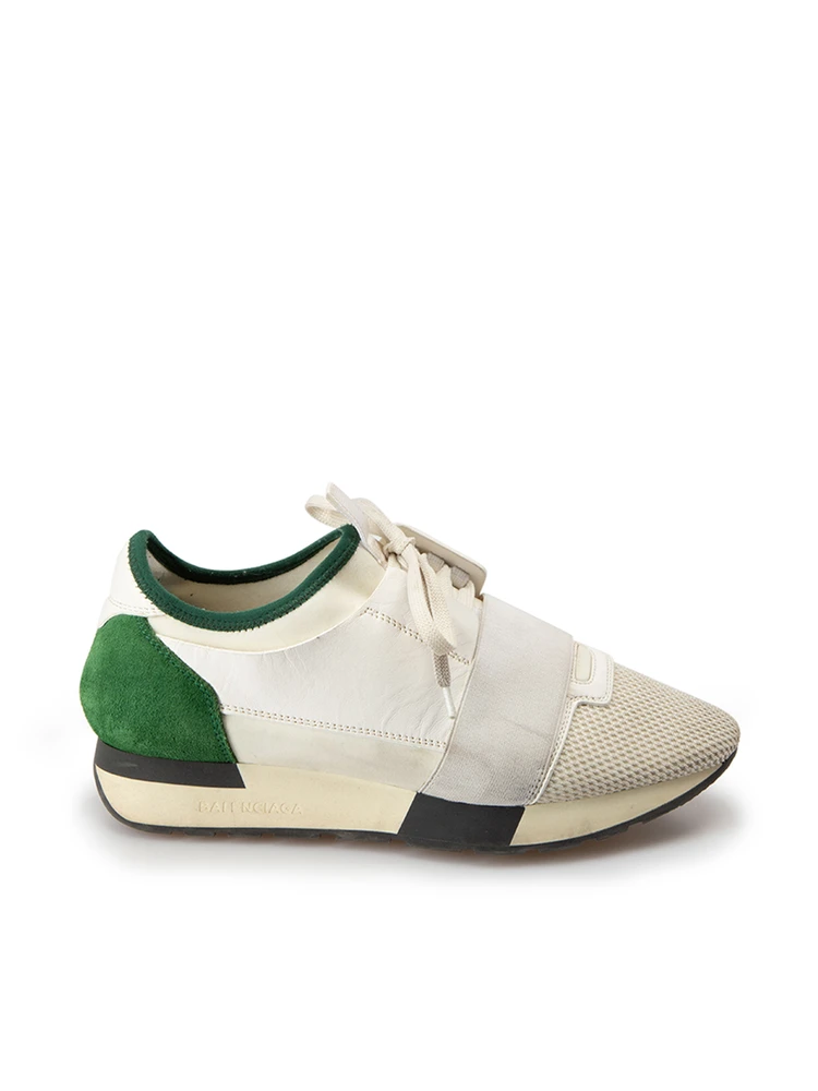 Balenciaga White & Green Leather Chunky Low Race Trainers