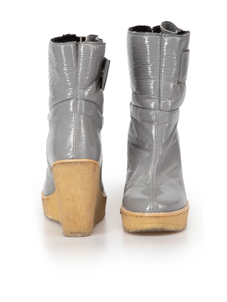 Stella McCartney Grey Vegan Patent Faux Shearling Wedge Boots