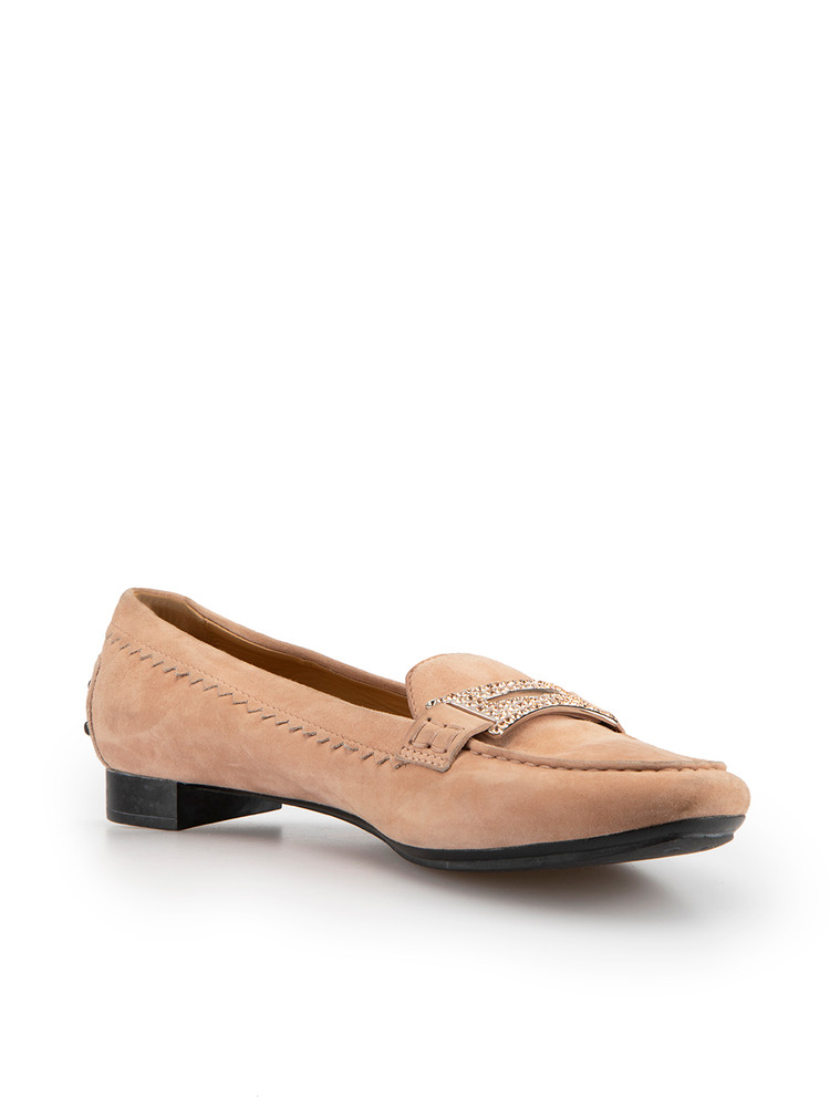 Tod's Blush Suede Crystal Buckle Loafers