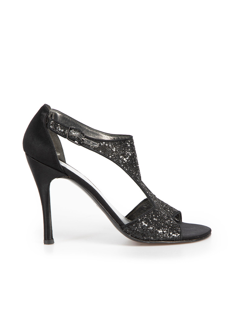 Stuart Weitzman Black Glitter T Bar Sandals