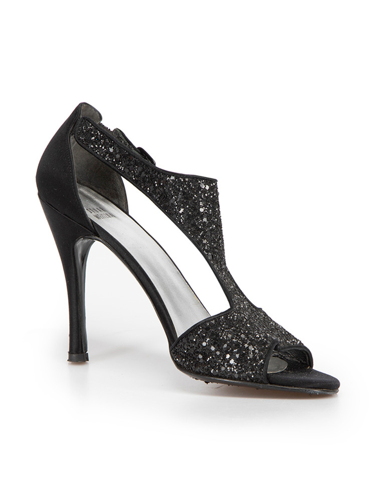 Stuart Weitzman Black Glitter T Bar Sandals