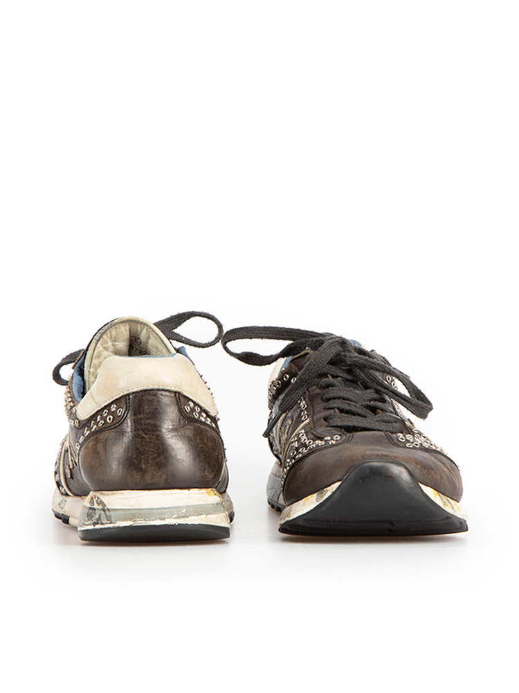Premiata Brown Leather Distressed Eyelets Accent Trainers