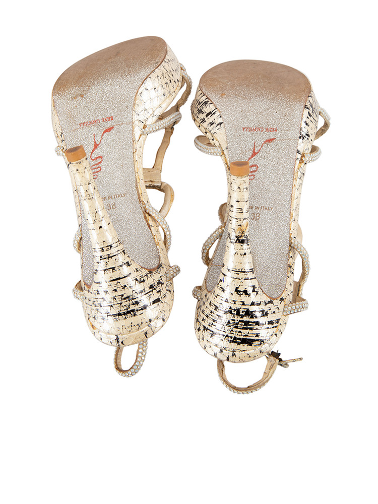 Rene Caovilla Cream Snakeskin Crystal Heeled Sandals
